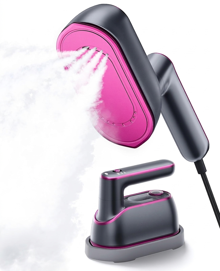 Crispenco portable travel steamer releasing steam, with its base station