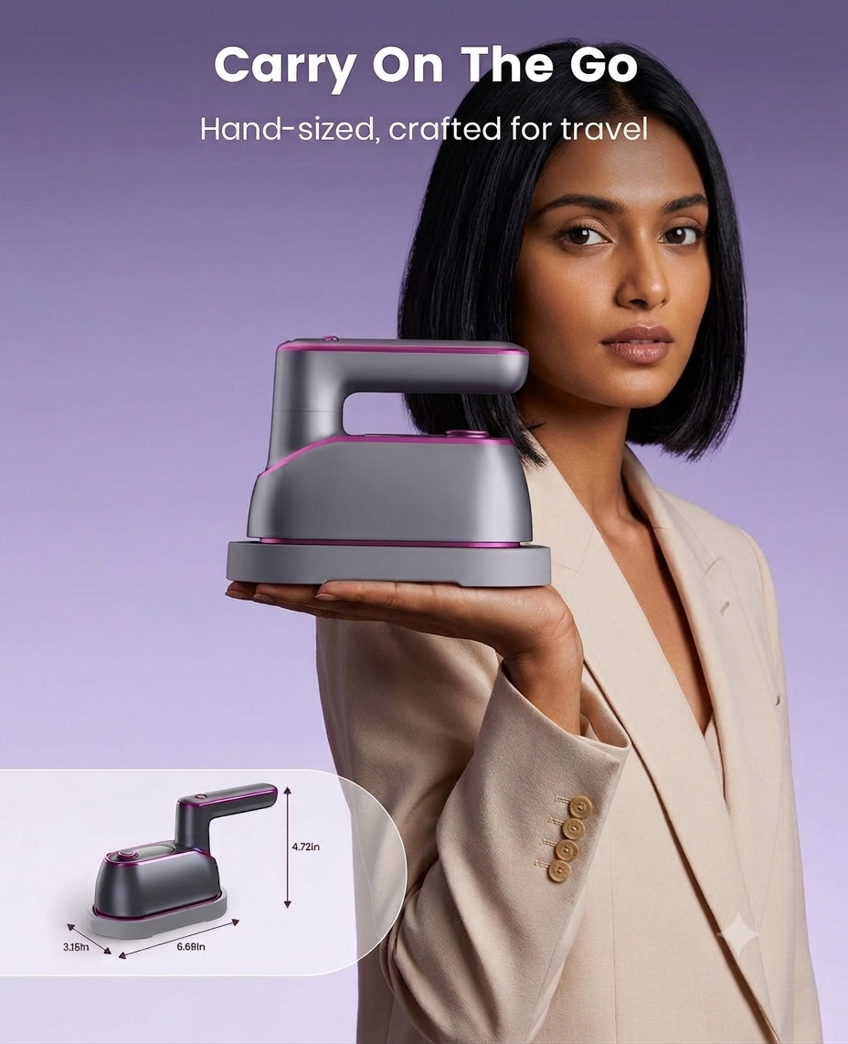 Hand holding the Crispenco steamer, showing its compact 6.68 by 4.72 inch size
