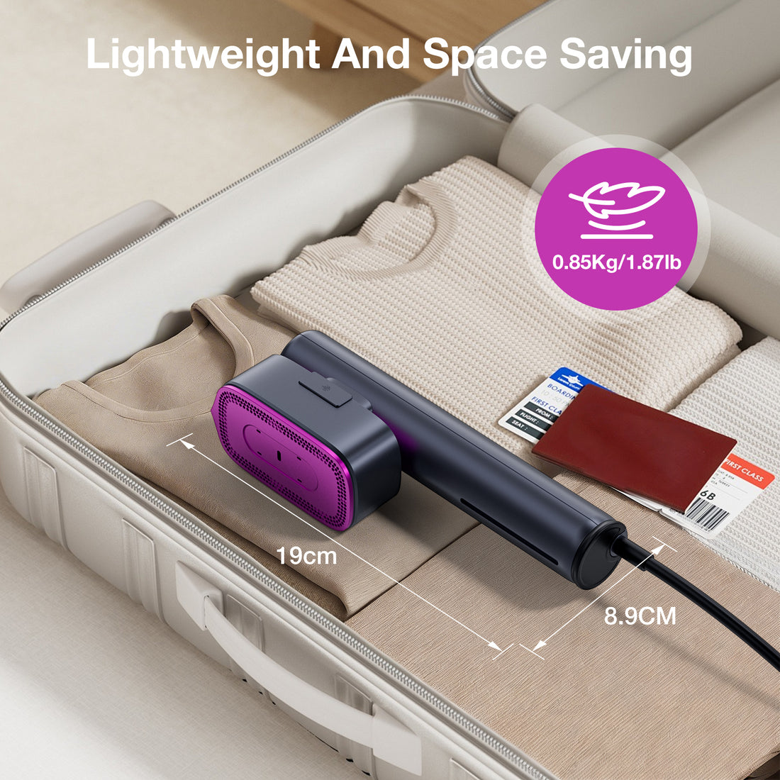 Crispenco Pro packed flat in a carry-on suitcase, 0.85kg and 19cm long